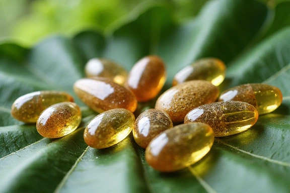 A close-up of various natural supplements in clear capsules on a vibrant green botanical background, emphasizing health and wellness.