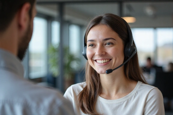 Customer support representative helping a client, illustrating efficient and friendly service.