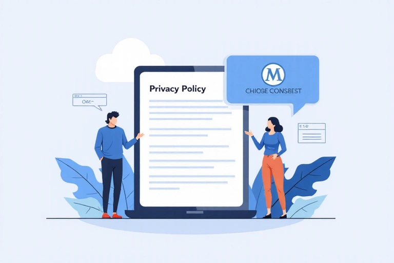 Illustration of a privacy policy document and a cookie consent banner